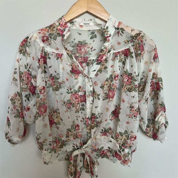 Poetry Women's Floral Sheer Blouse 3/4 Sleeve Crop Button Down Size S - Picture 1 of 7
